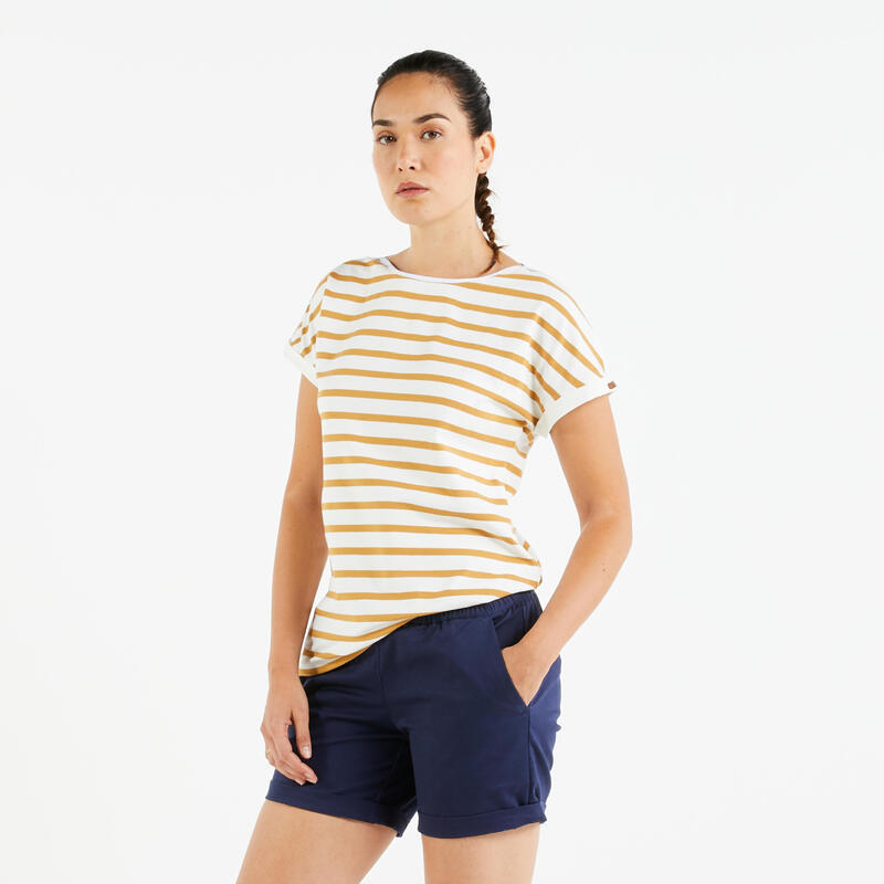 T-Shirt Manches courtes - marinière de voile Sailing 100 Femme Blanc Ocre
