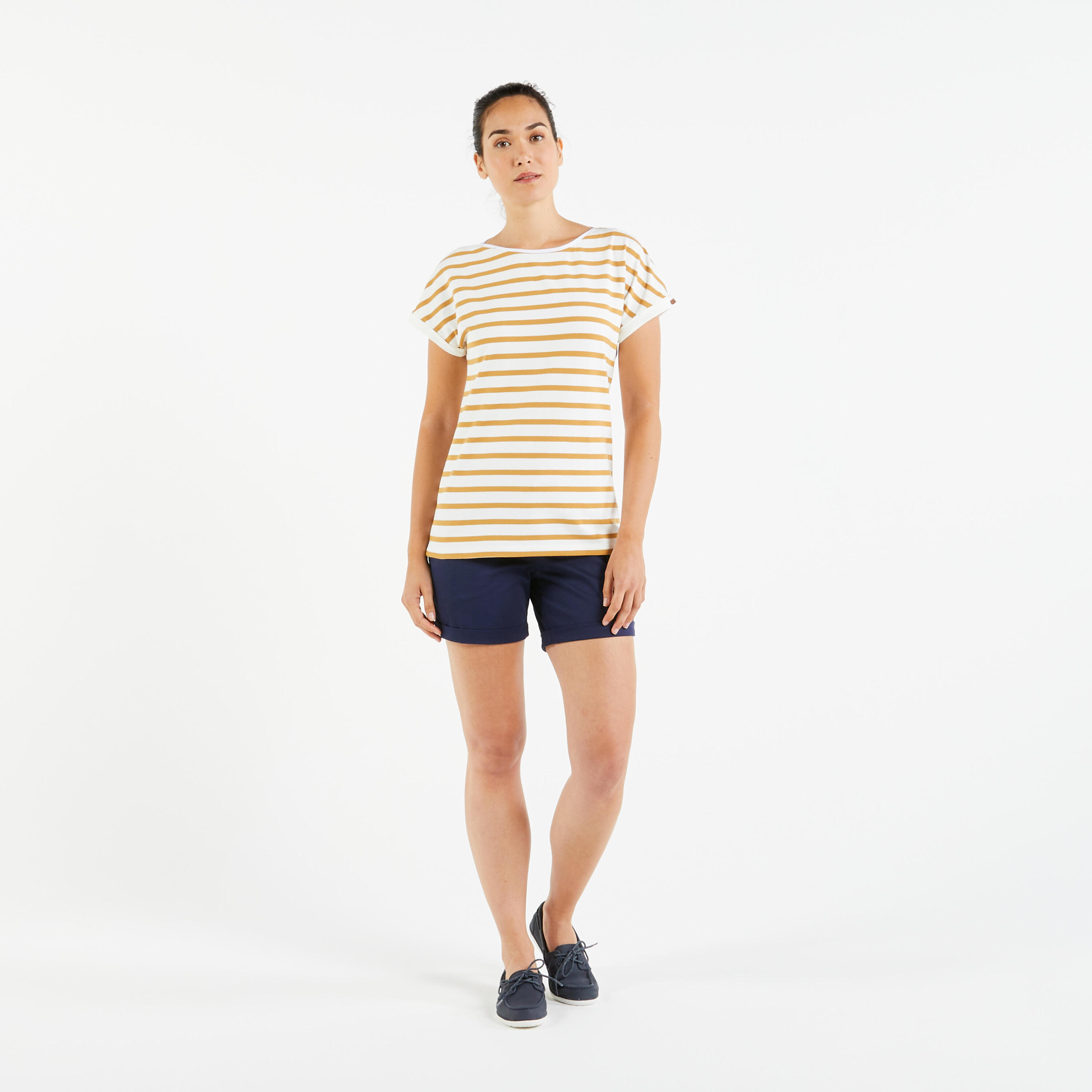 T-Shirt de Vela - marinheiro Sailing 100 Mulher Branco Ocre 7/10
