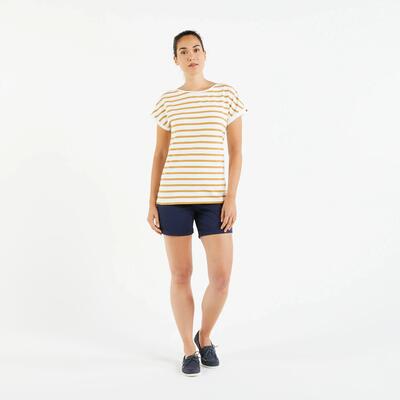 Gestreept t-shirt met korte mouwen voor zeilen dames sailing 100 wit oker