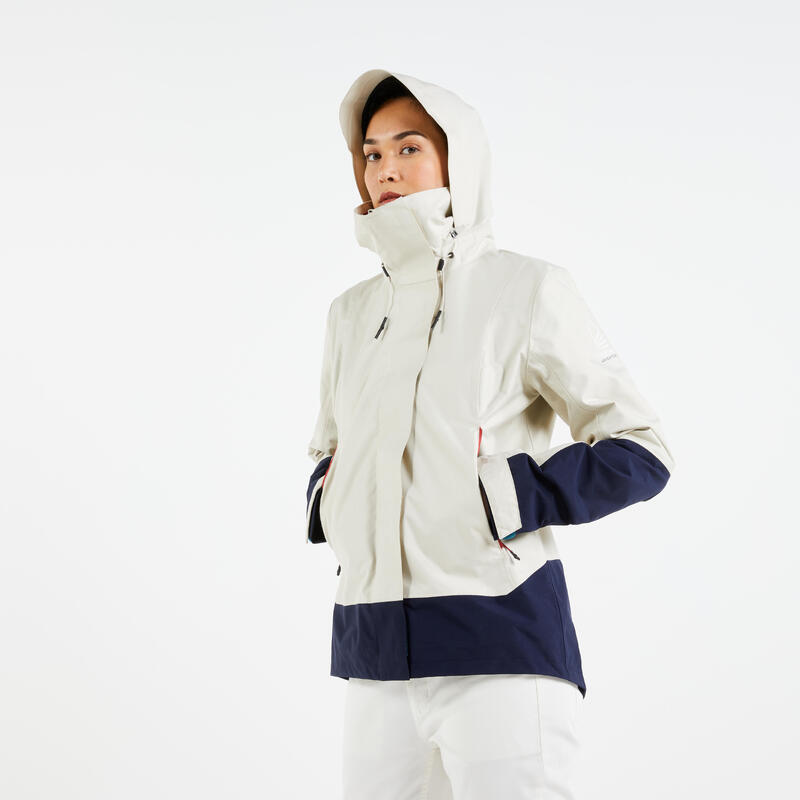 Water- en winddichte jas regenjas voor dames SAILING 300 beige marineblauw