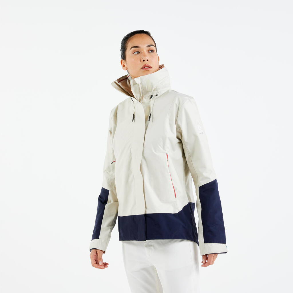 Women's windproof waterproof jacket - wet-weather jacket SAILING 300 beige navy