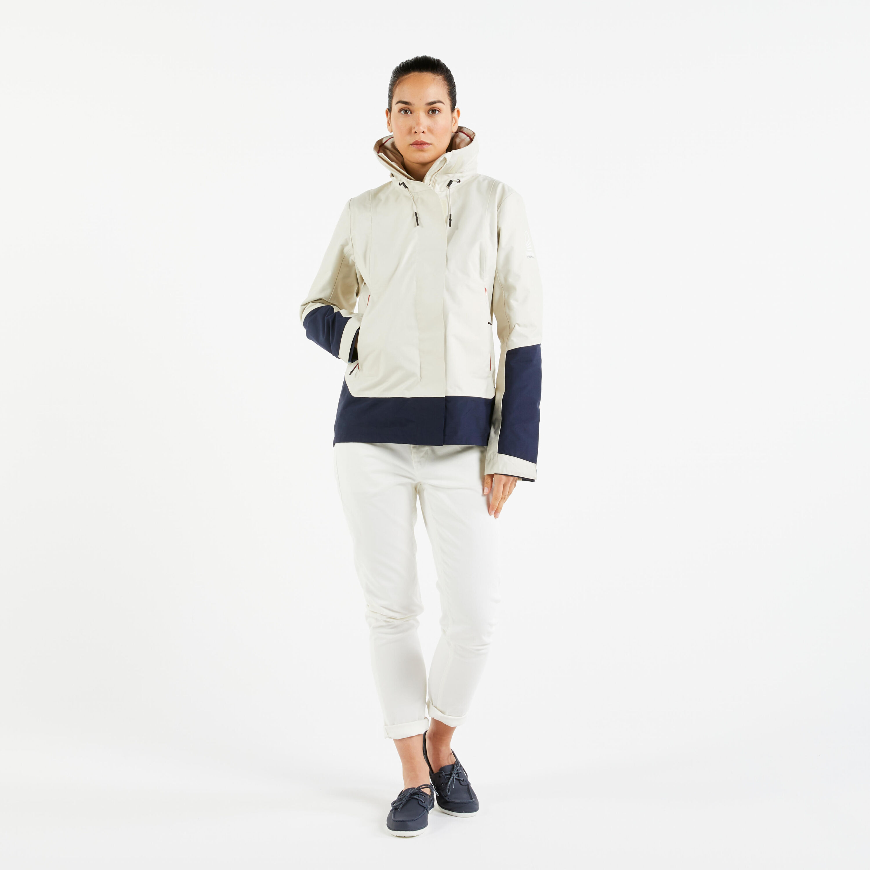 TRIBORD Women's windproof waterproof jacket - wet-weather jacket SAILING 300 beige navy