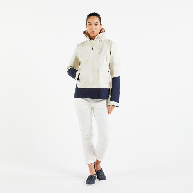 Giacca vela donna SAILING 300 impermeabile beige-blu