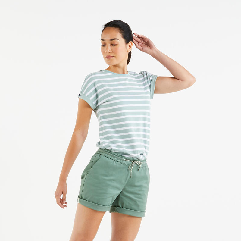 Streepjes-T-shirt met korte mouwen voor zeilen dames Sailing 100 wit/kaki