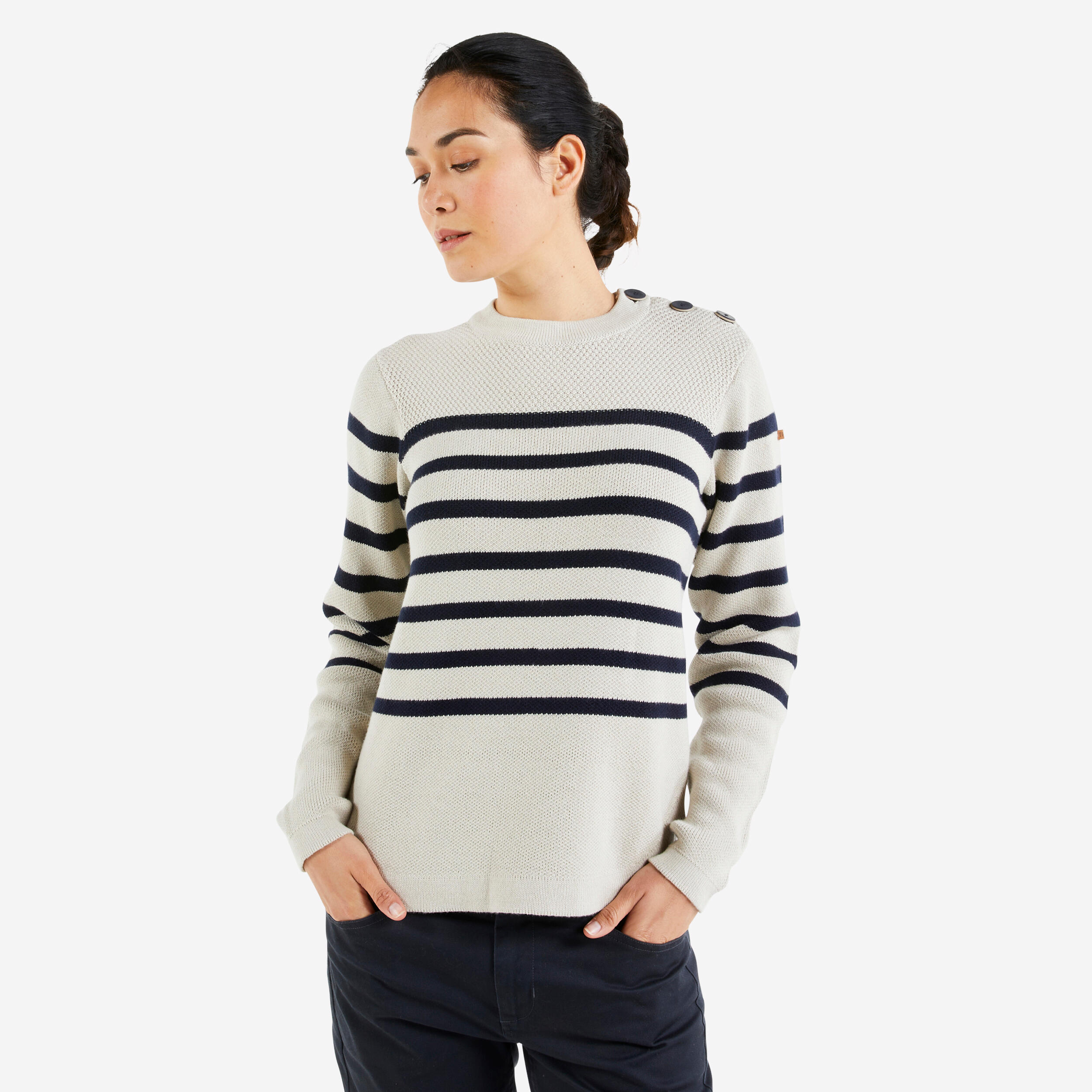 Women's sailing pullover beige blue 3/8