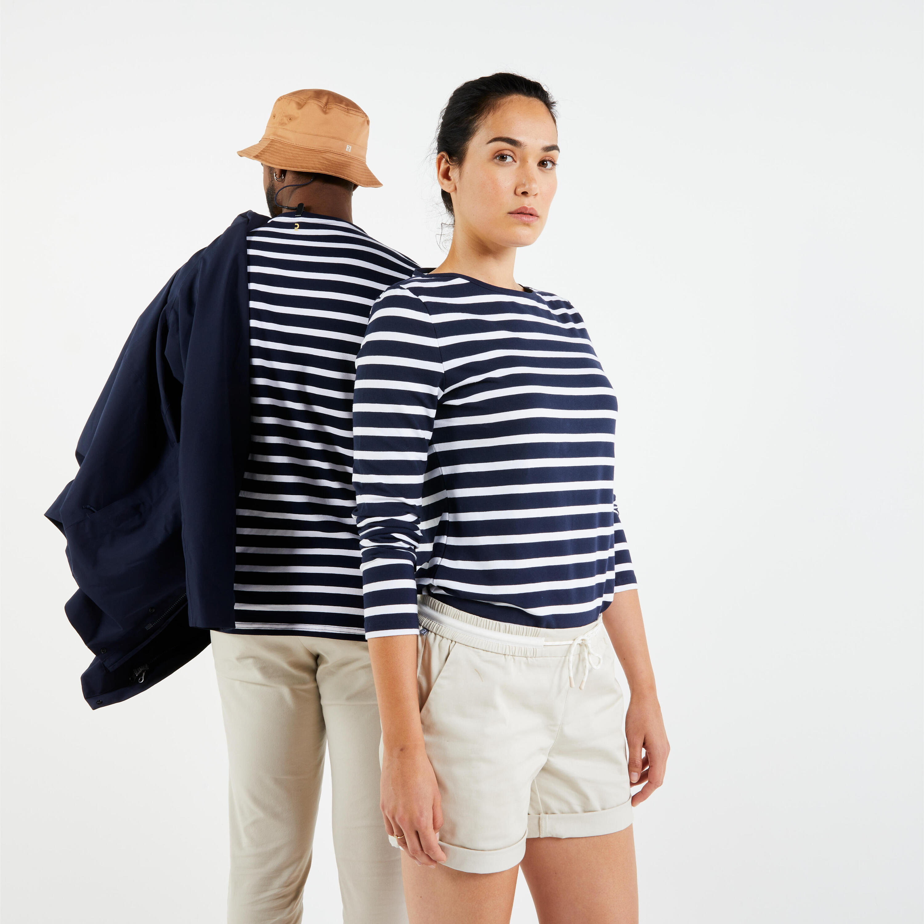Women's Sailing Long-sleeved Sailor's T-shirt 100 blue white 8/8