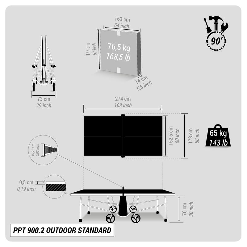 SEGUNDA VIDA: CLASE C - Mesa ping pong exterior plegable tablero 5 mm PPT900.2