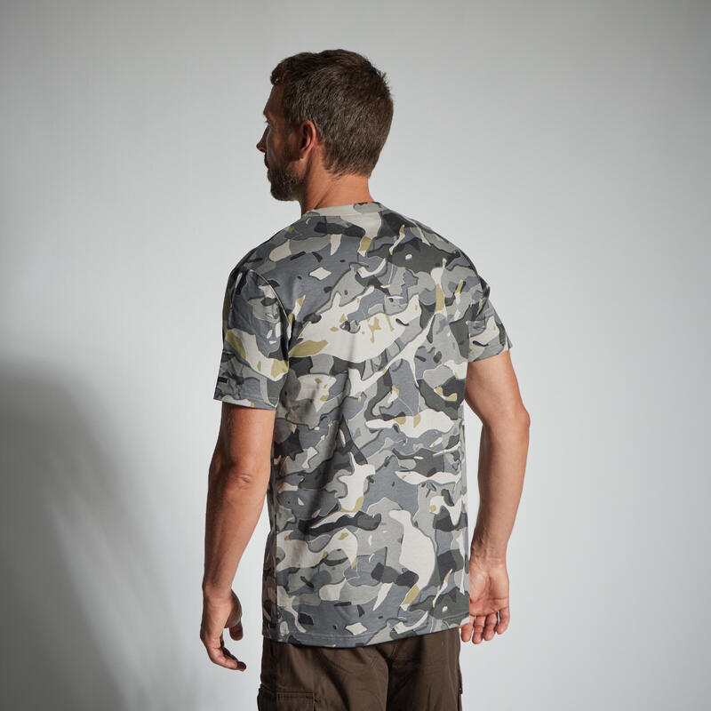 T-SHIRT DE CAÇA RESISTENTE 100 WOODLAND CAMUFLADO CINZENTO