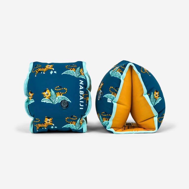 Swimming pool armbands with fabric interior for 15-30 kg kids "Tiger" print Blue