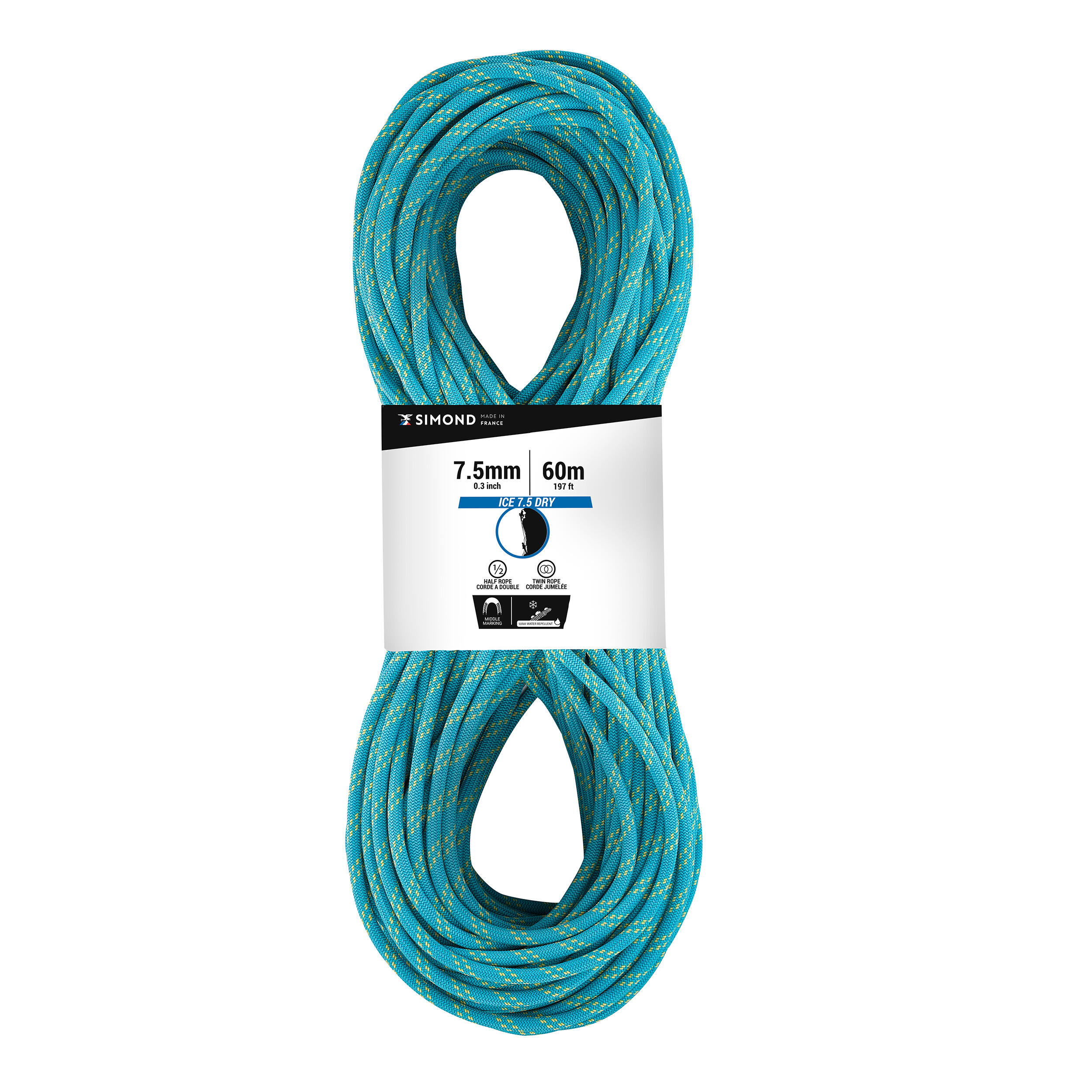 SIMOND CLIMBING AND MOUNTAINEERING HALF ROPE - ABSEIL ICE 7.5 MM X 60M BLUE