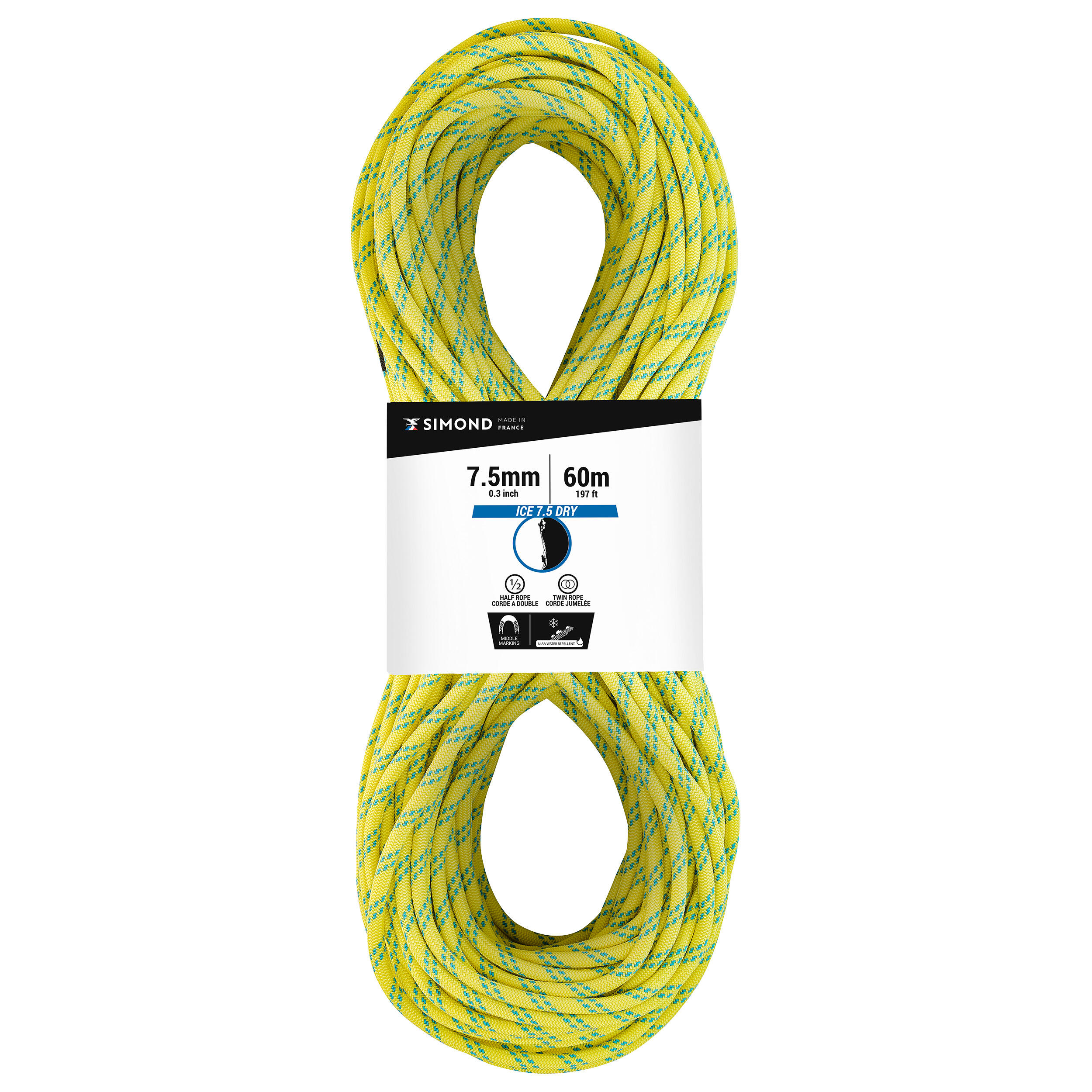 CLIMBING AND MOUNTAINEERING HALF ROPE - ABSEIL ICE 7.5 MM X 60M YELLOW 1/4