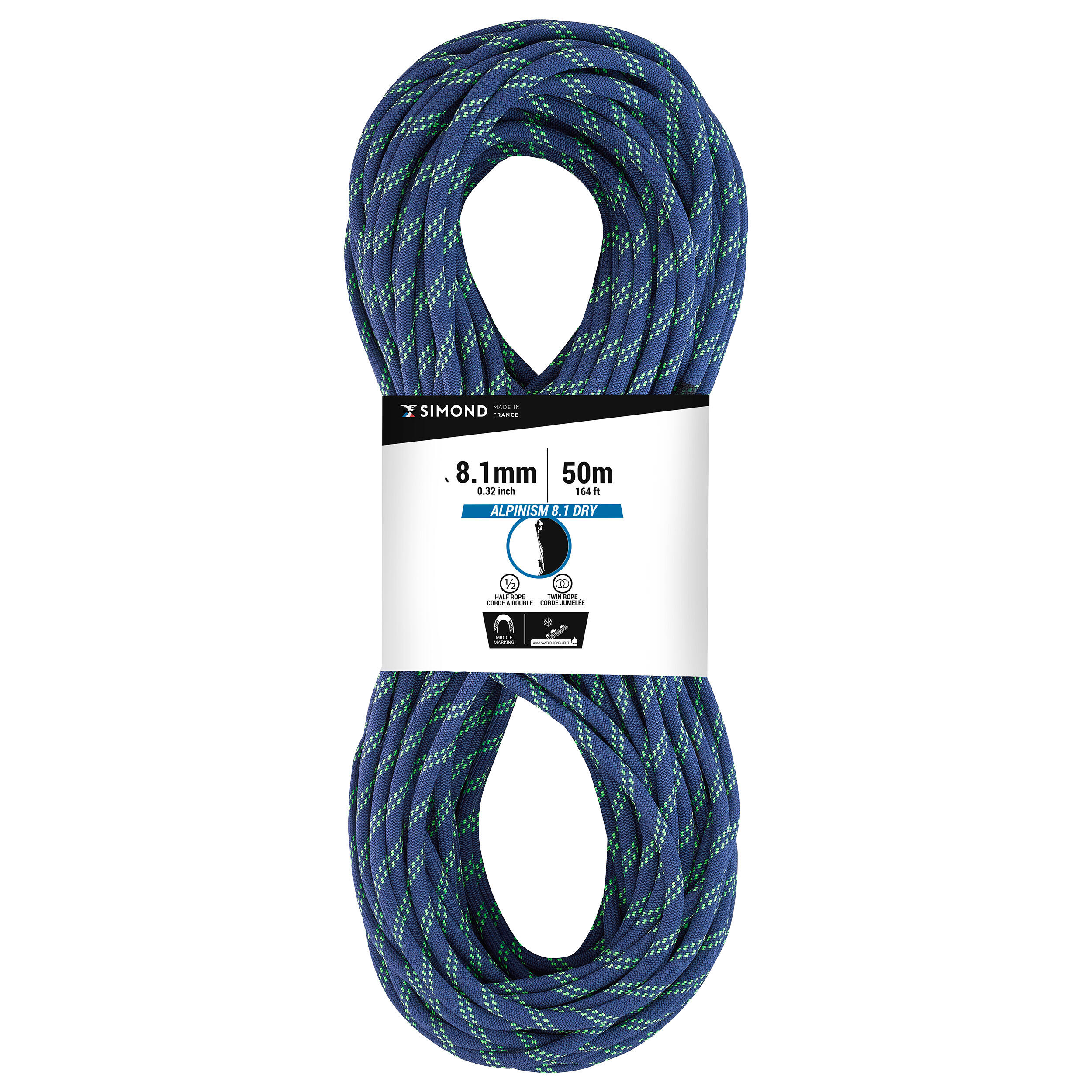 SIMOND CLIMBING AND MOUNTAINEERING HALF ROPE - ABSEIL ALPINISM 8.1 MM X 50M BLUE