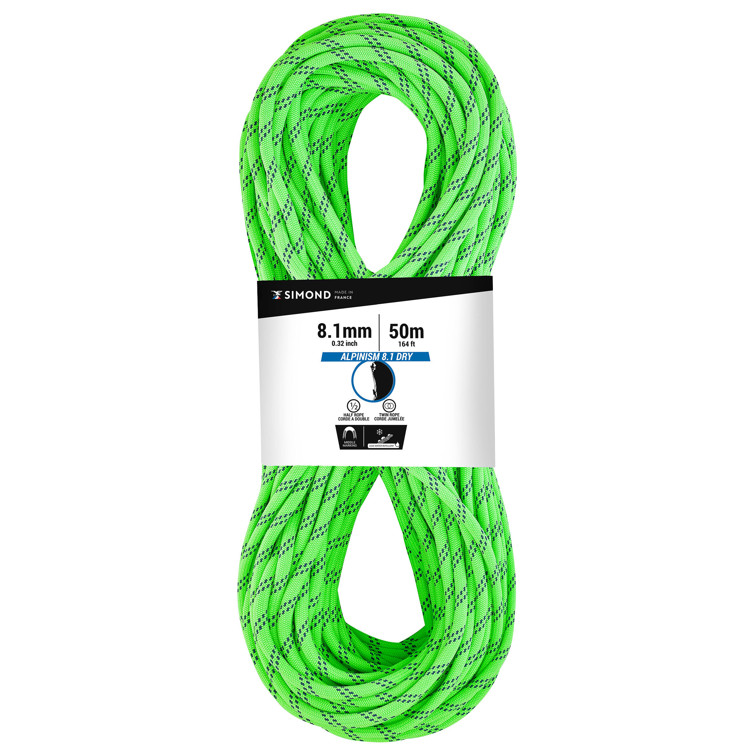 MOUNTAINEERING AND CLIMBING HALF ROPE - ABSEIL ALPINISM 8.1 MM X 50M GREEN 1/4