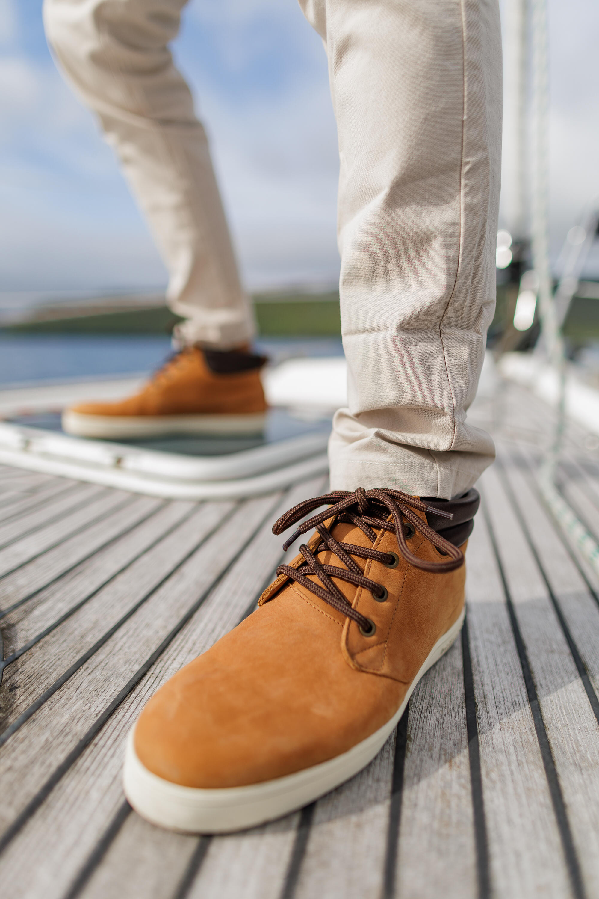Men s waterproof leather boat shoes 500 ochre TRIBORD Decathlon