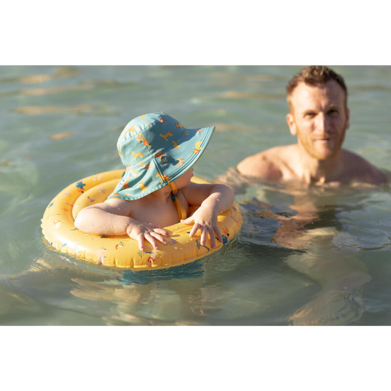 Bebek UV Korumalı Çift Taraflı Şapka - Sarı/Mavi/Tropikal Baskılı