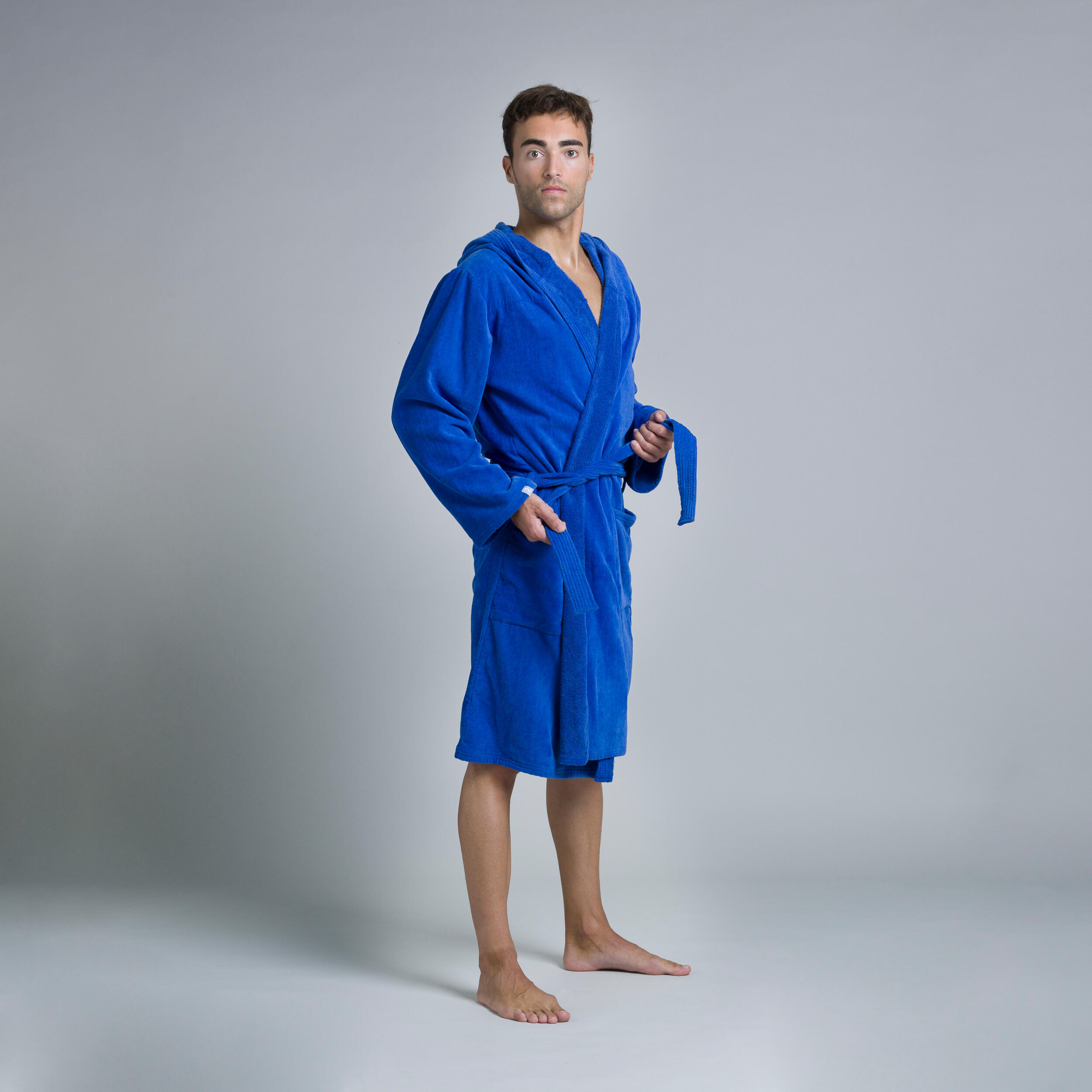 Albornoz Hombre algodón grueso con capucha azul eléctrico 2/7