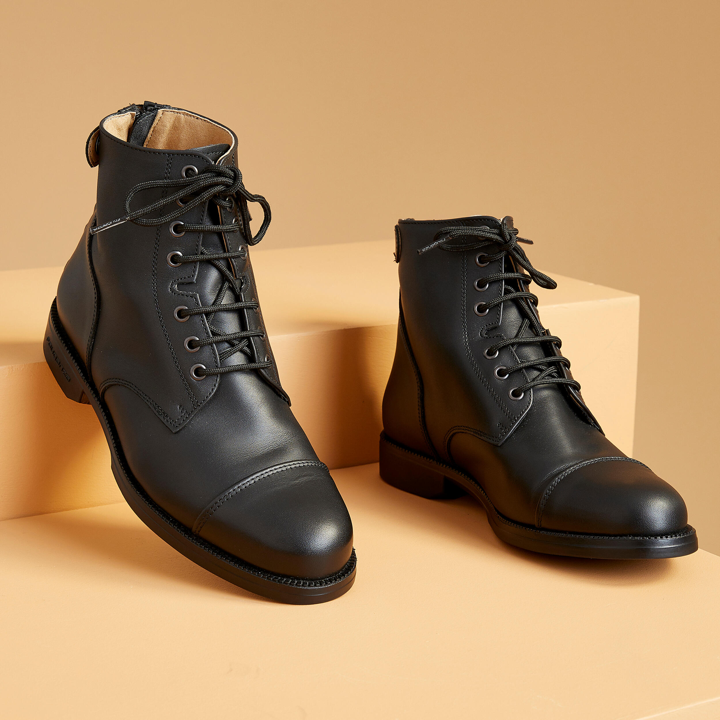 Horse Riding Lace-up Leather Boots - Paddock 560 Black - FOUGANZA