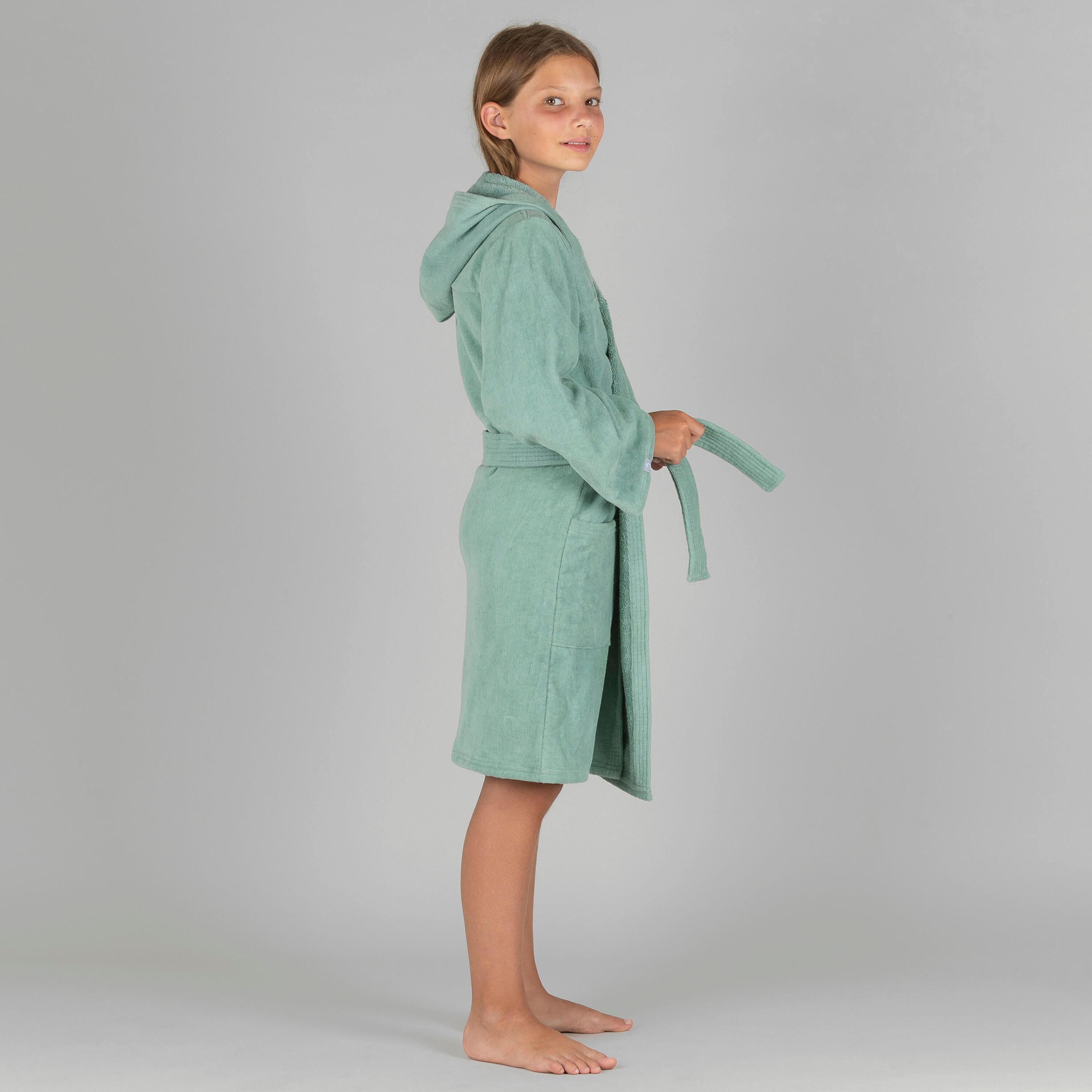 KIDS' WATER POLO THICK COTTON POOL BATHROBE LIGHT KHAKI 3/7