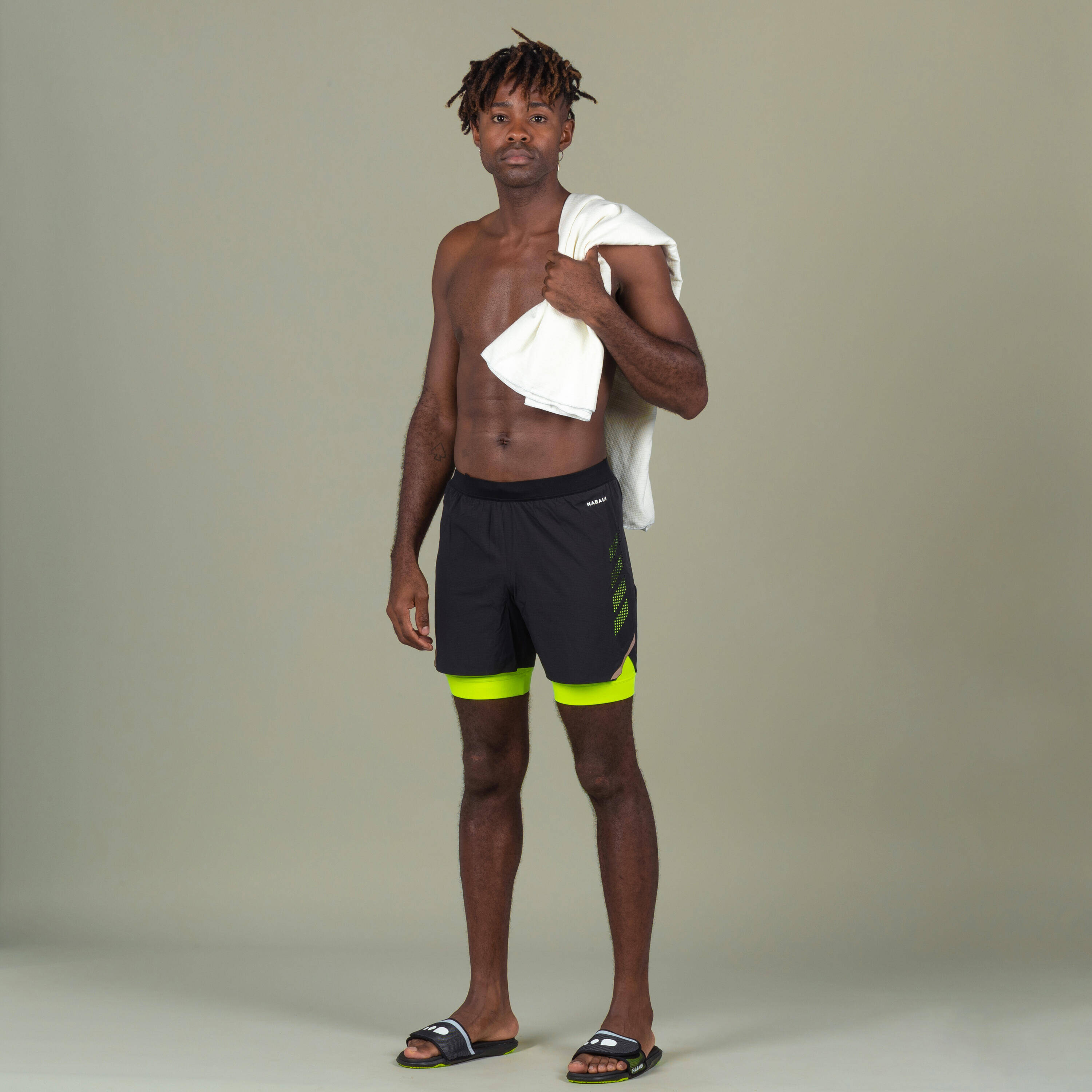 Men Swimming Jammer Swim Short 500 Fiti Flexible & Quick-Dry Black Yellow Beige -  2