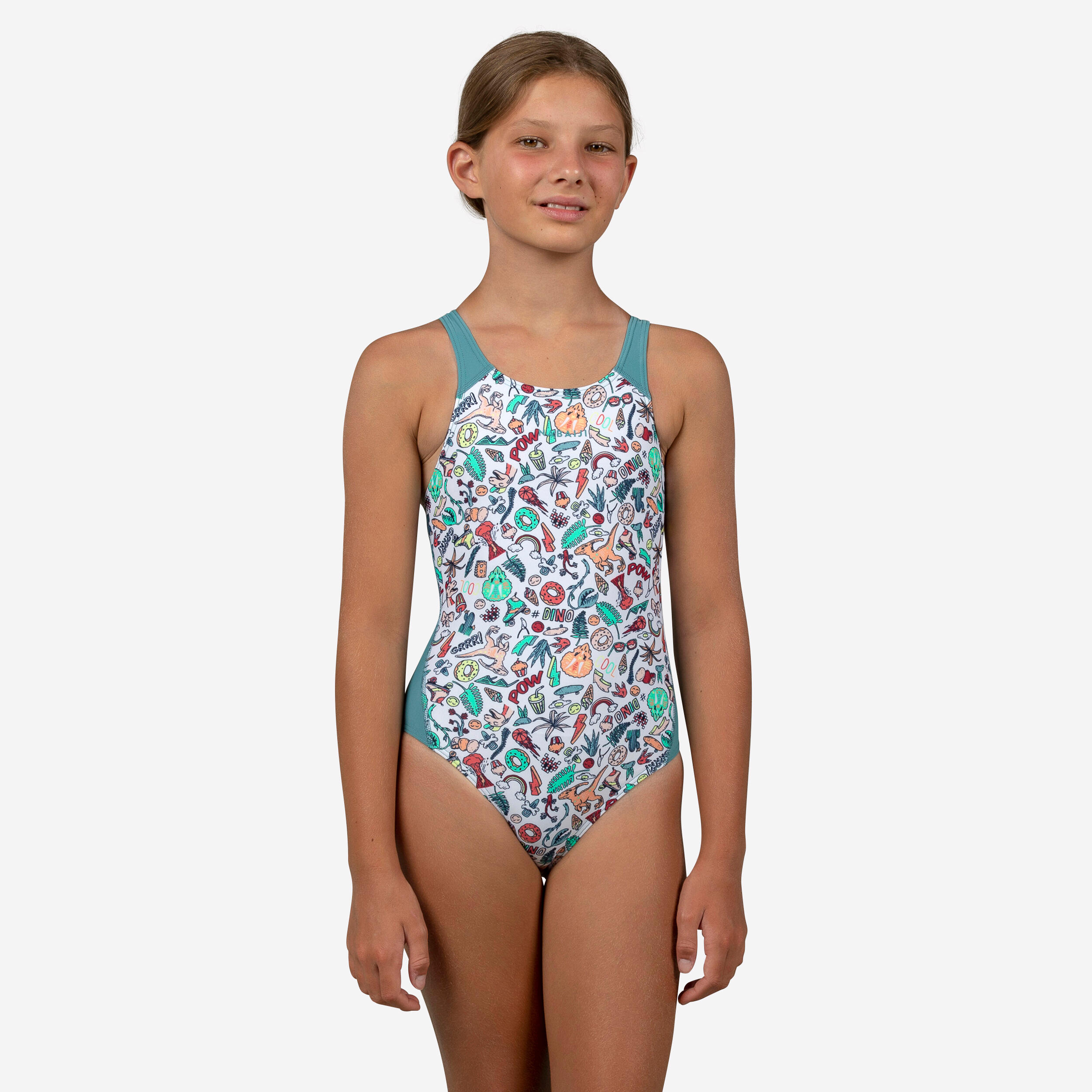Nabaiji - Maillot De Bain Une Pièce De Natation Fille Kamyleon Dino - Maillot De Bain 1 Pièce - Natation - Bleu-jaune - 10 À 12 Ans - Decathlon