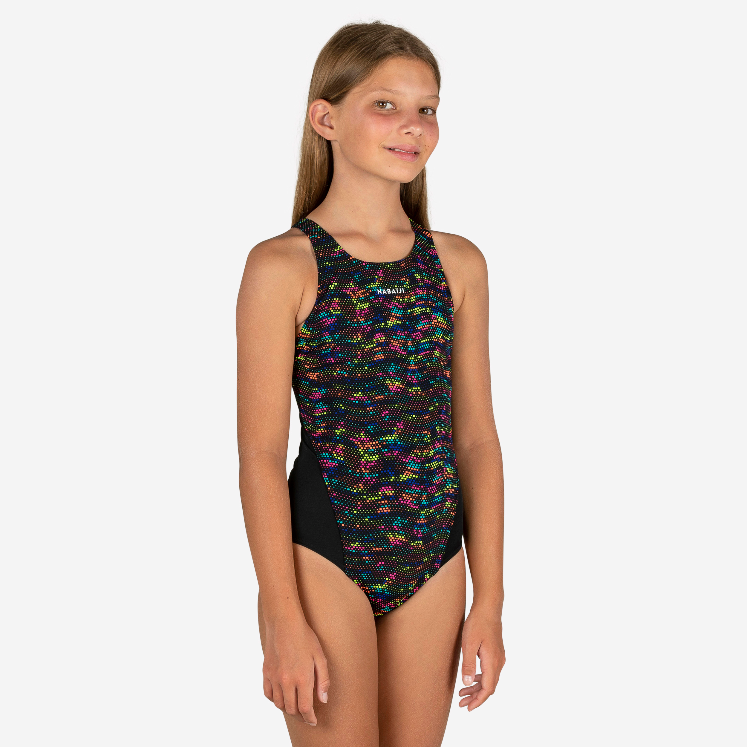Maillot de Bain une piece de Natation fille Kamiye Print Fire noir jaune pour les clubs et collectivites Decathlon Pro