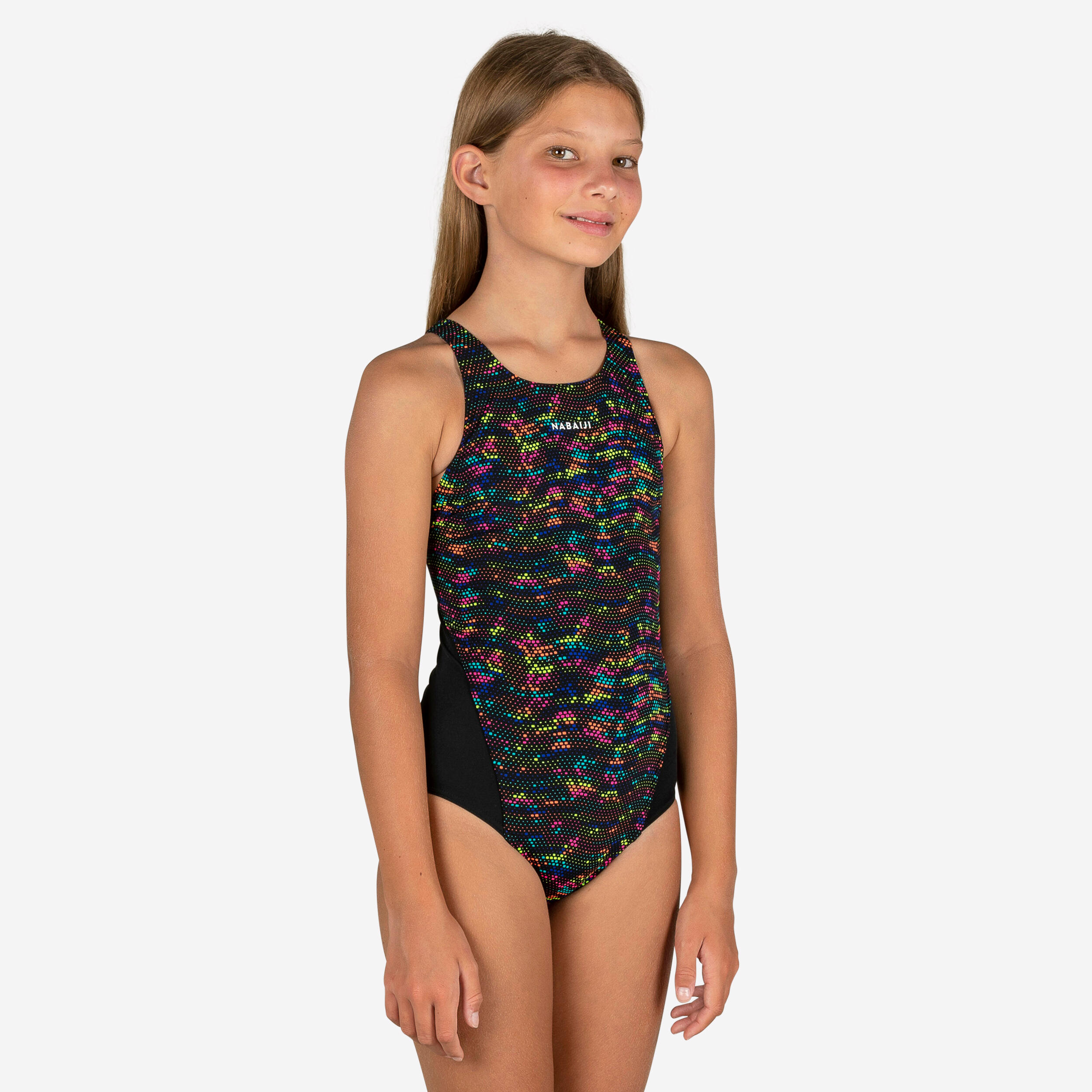 Girl's Swimming Chlorine-Resistant One-Piece Swimsuit Kamyleon - Star -  Black, Fluo lime yellow - Nabaiji - Decathlon