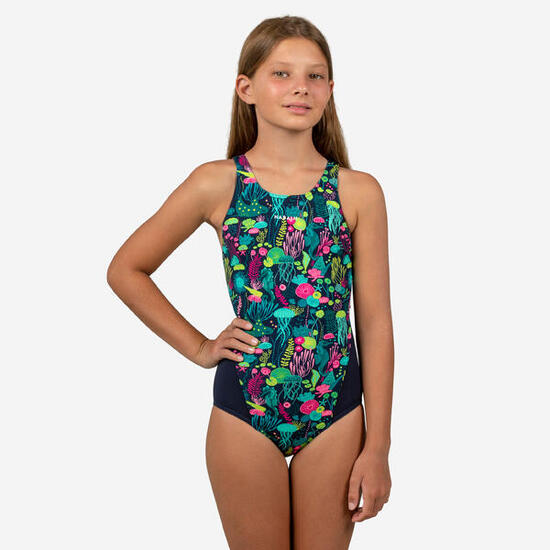 Maillot de bain 1 pièce natation Fille ado - 500 Kamiye algues bleu rose