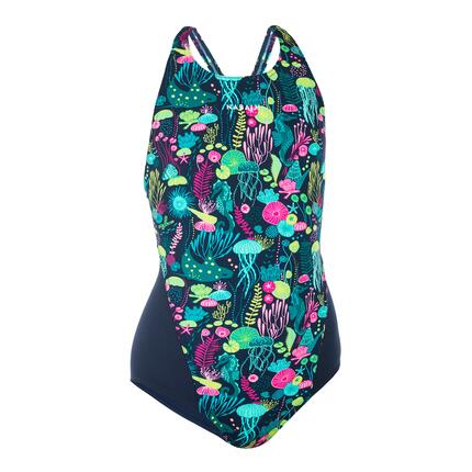 Maillot de bain 1 pièce natation Fille ado - 500 Kamiye fire noir jaune
