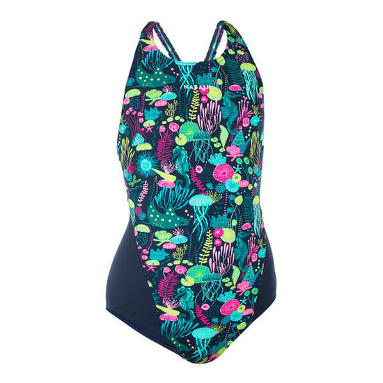 Maillot de bain 1 pièce natation Fille ado - 500 Kamiye algues bleu rose