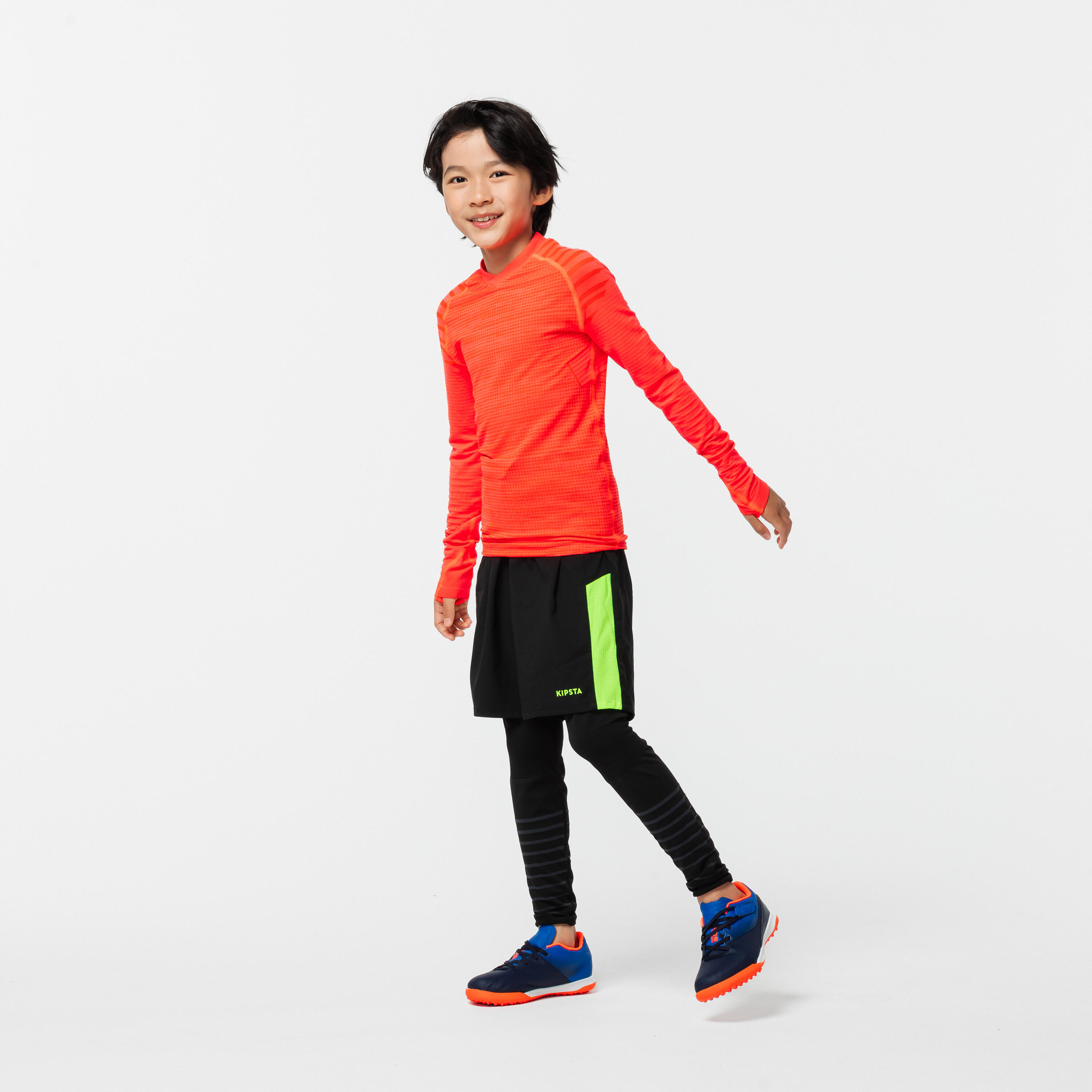 Sous-maillot de foot thermique seamless manches longues enfant, Keepdry orange - KIPSTA