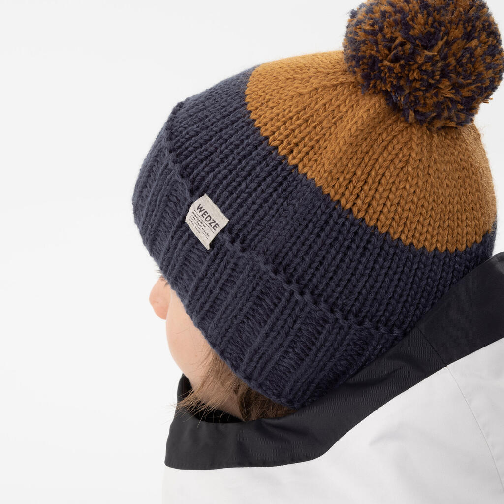 Bonnet de ski enfant made in France, GRAND NORD 500 marron et bleu