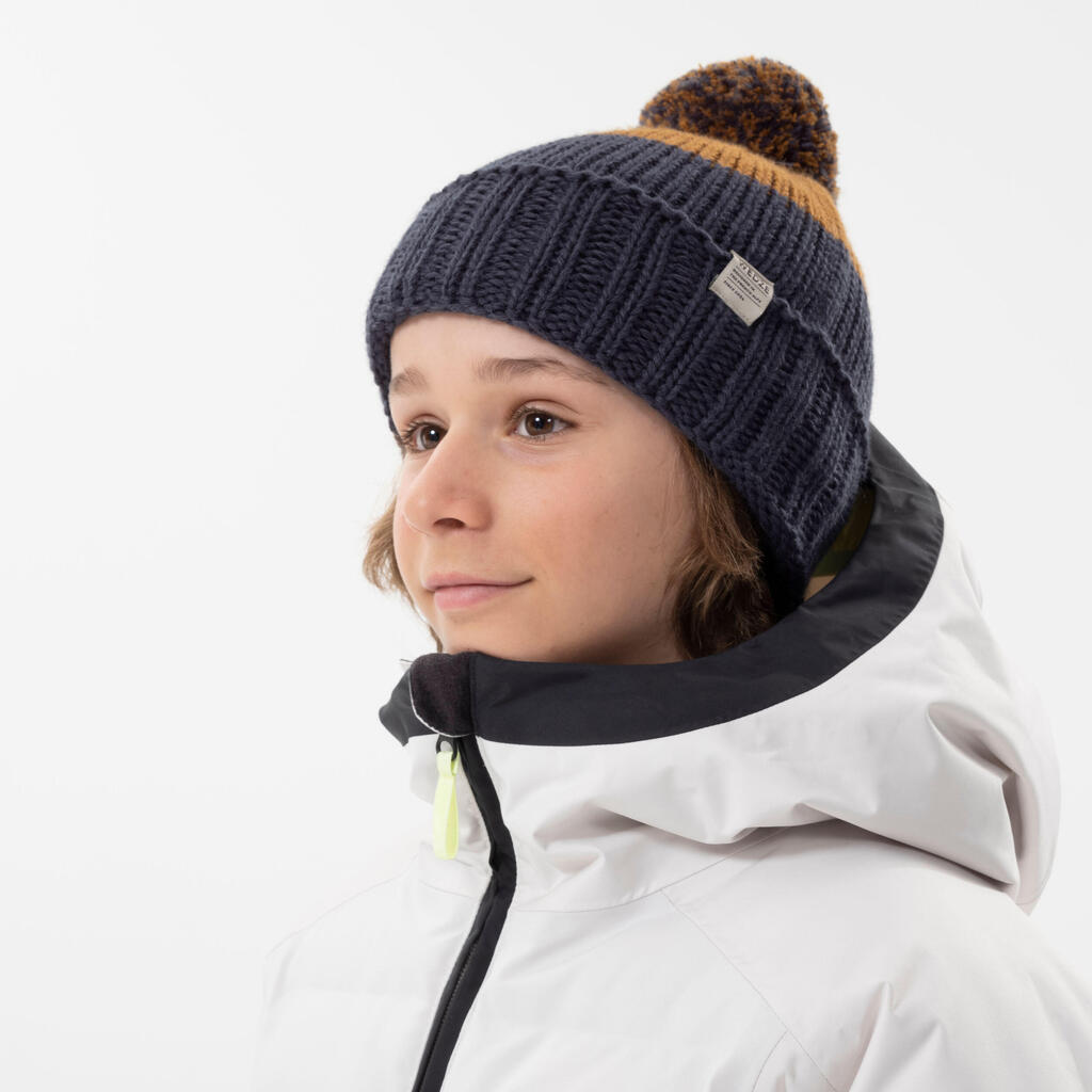 Bonnet de ski enfant made in France, GRAND NORD 500 marron et bleu