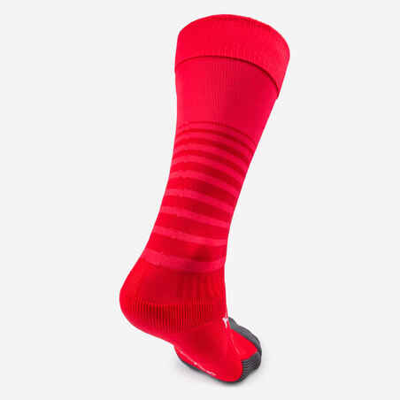 Čarape za nogomet F500 prugaste dječje neonsko ružičaste 