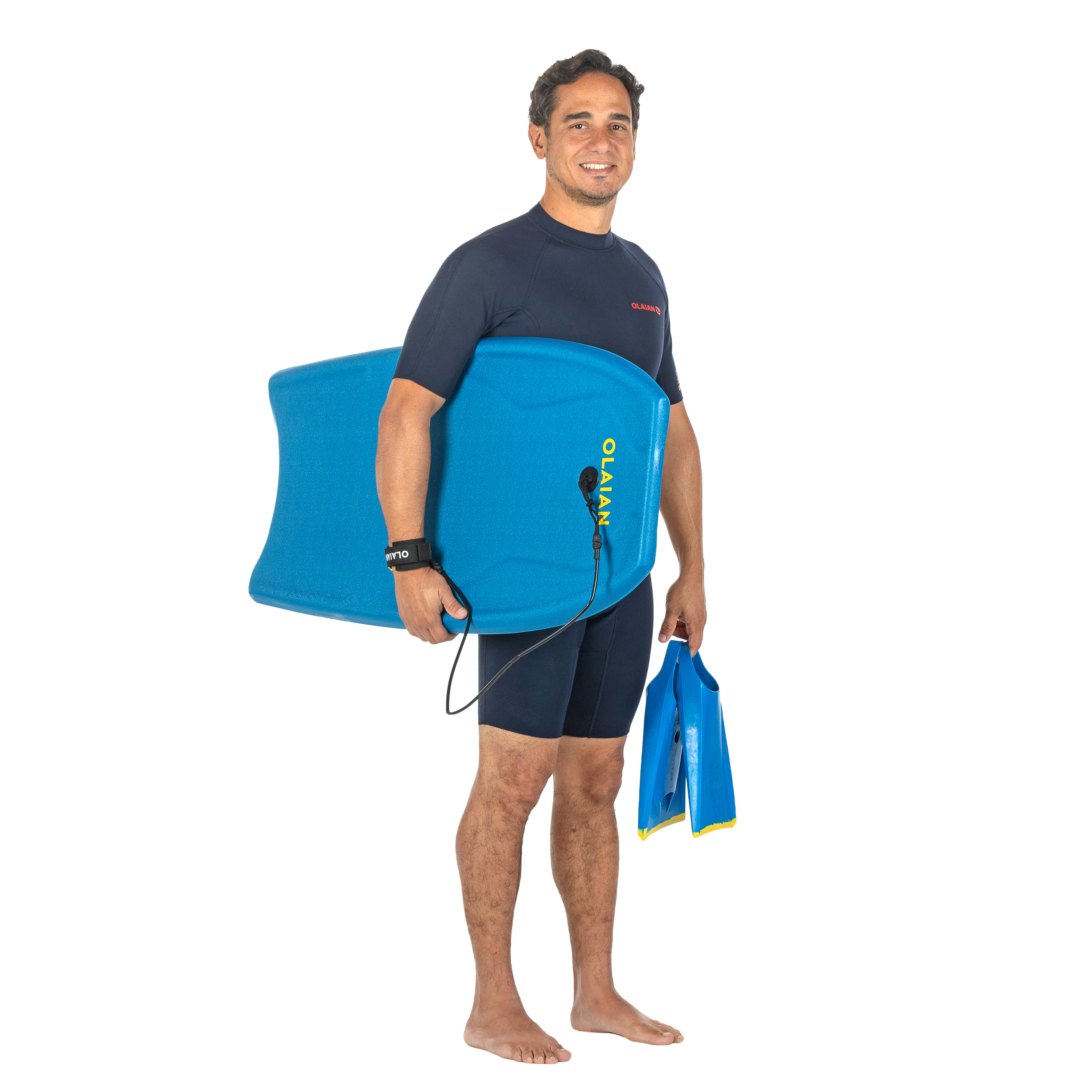 Bodyboard with wrist leash - 100 Blue/Yellow - OLAIAN