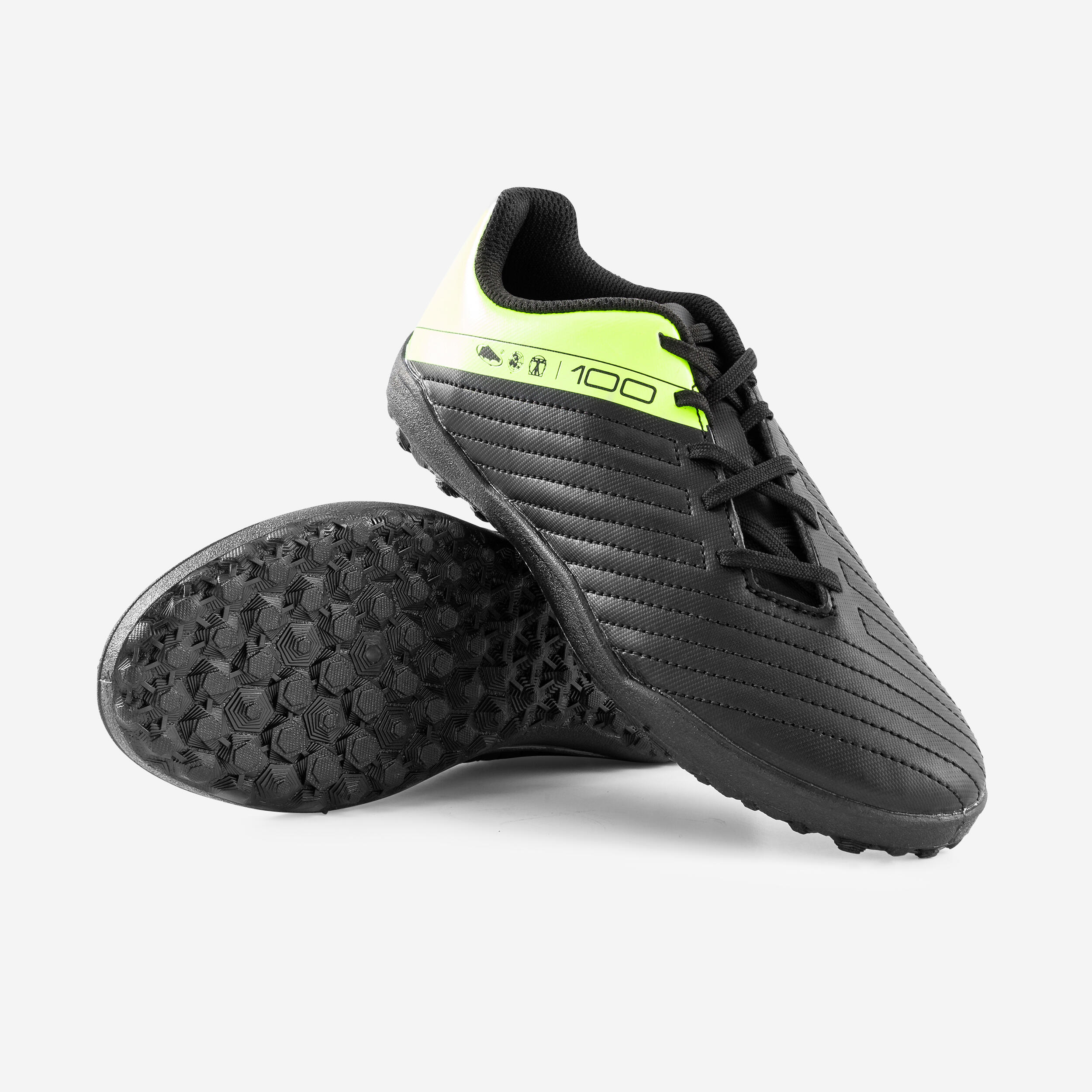 BLACK AND YELLOW 100 TURF TF LACE-UP CHILDREN'S SOCCER BOOTS