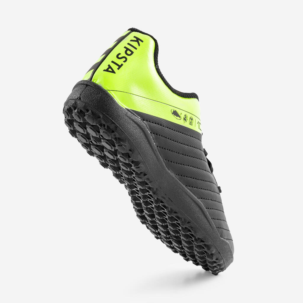 CHAUSSURES DE FOOTBALL ENFANT A LACETS 100 TURF TF NOIR ET JAUNE