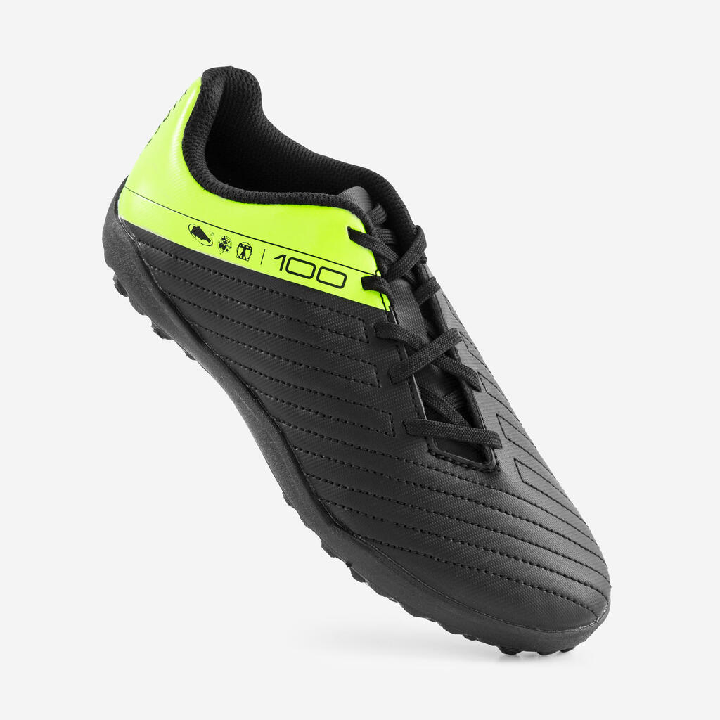 CHAUSSURES DE FOOTBALL ENFANT A LACETS 100 TURF TF NOIR ET JAUNE