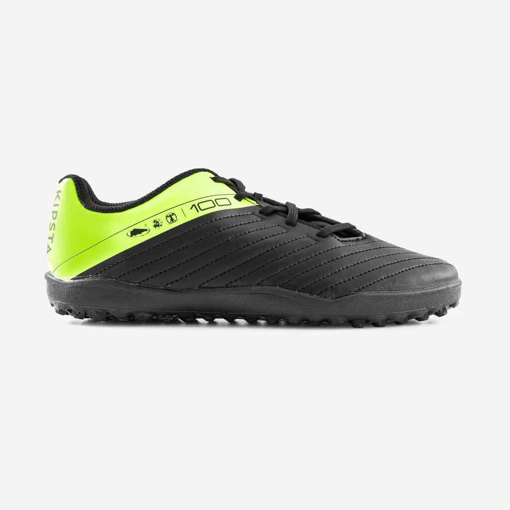 CHAUSSURES DE FOOTBALL ENFANT A LACETS 100 TURF TF NOIR ET JAUNE