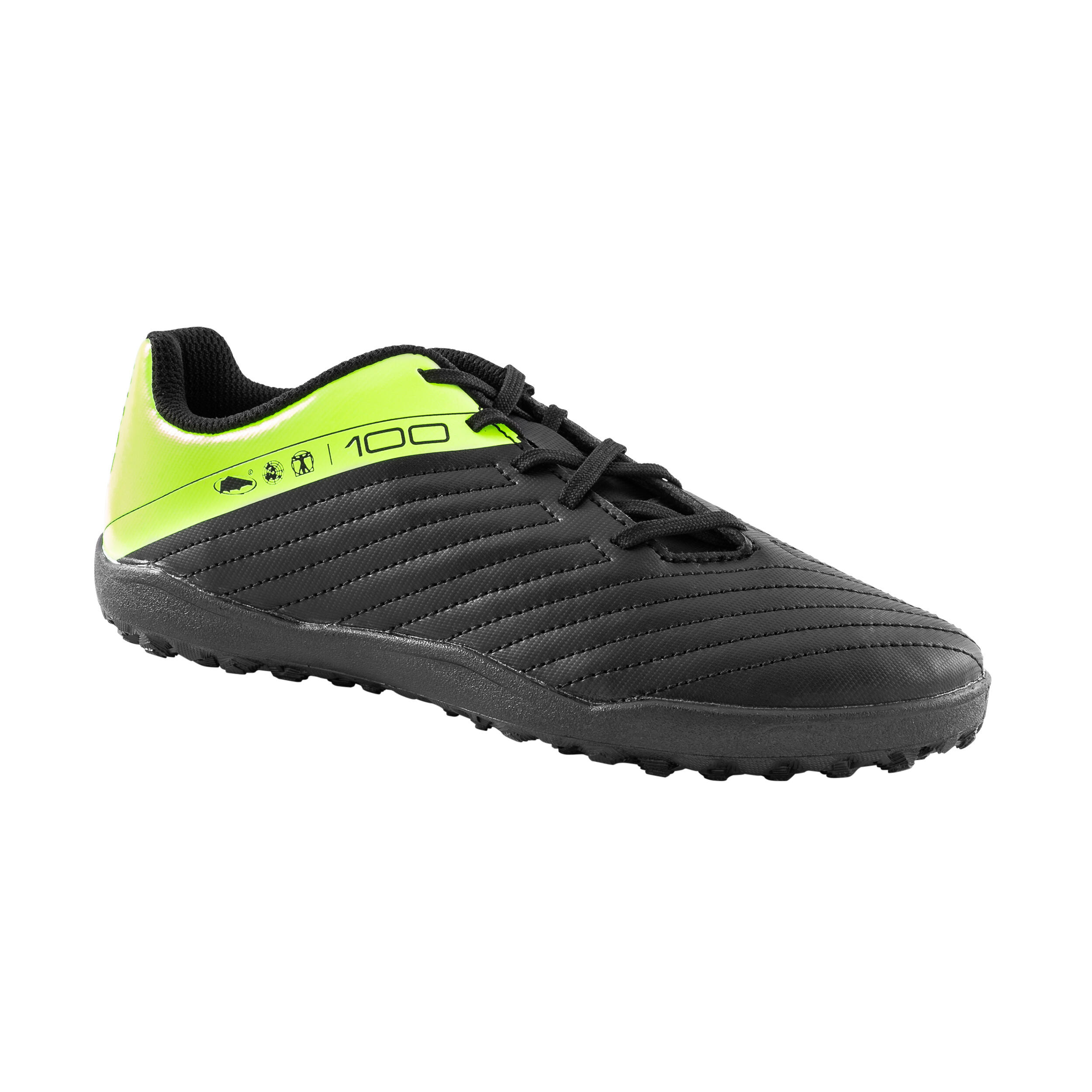 CHAUSSURES DE FOOTBALL ENFANT A LACETS 100 FG NOIR ET JAUNE