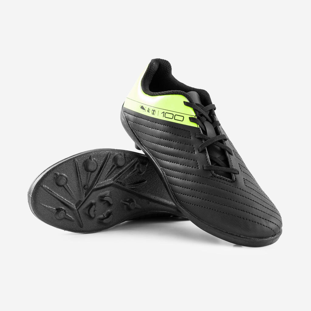 CHAUSSURES DE FOOTBALL ENFANT A LACETS 100 FG NOIR ET JAUNE