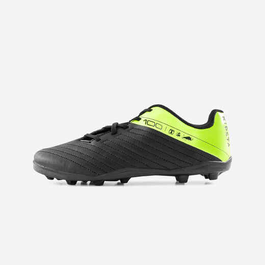 
      CHAUSSURES DE FOOTBALL ENFANT A LACETS 100 FG NOIR ET JAUNE
  