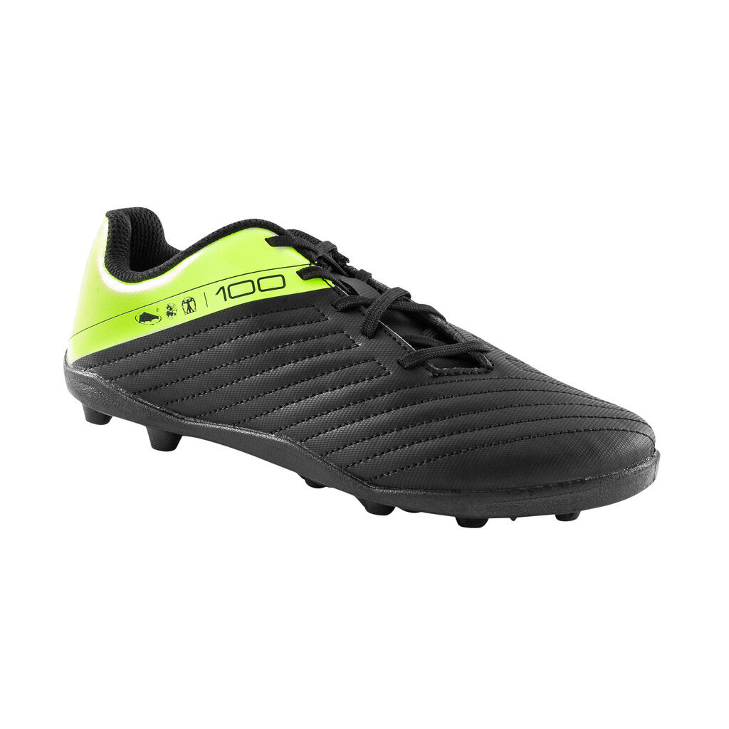 CHAUSSURES DE FOOTBALL ENFANT A LACETS 100 FG NOIR ET JAUNE