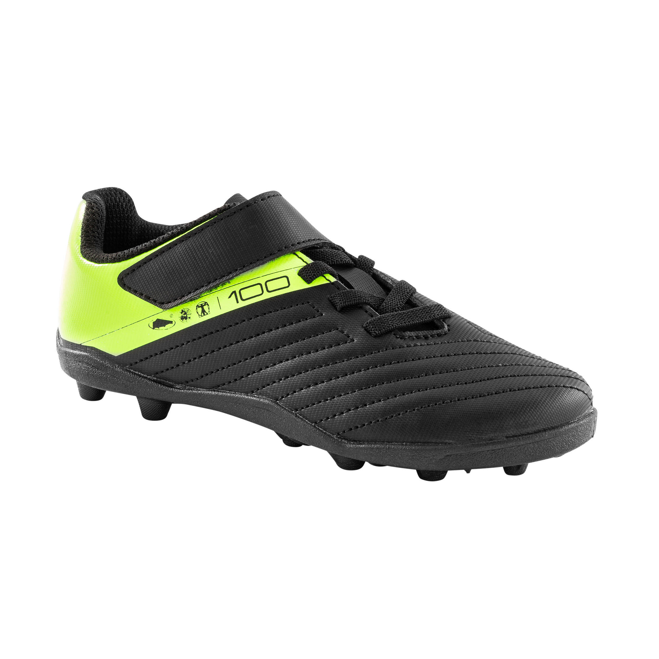 Kids Football Shoes for Dry Ground Velcro 100 - Black and Yellow