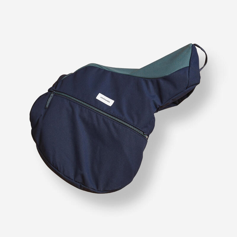 Sac à selle équitation vert et bleu.