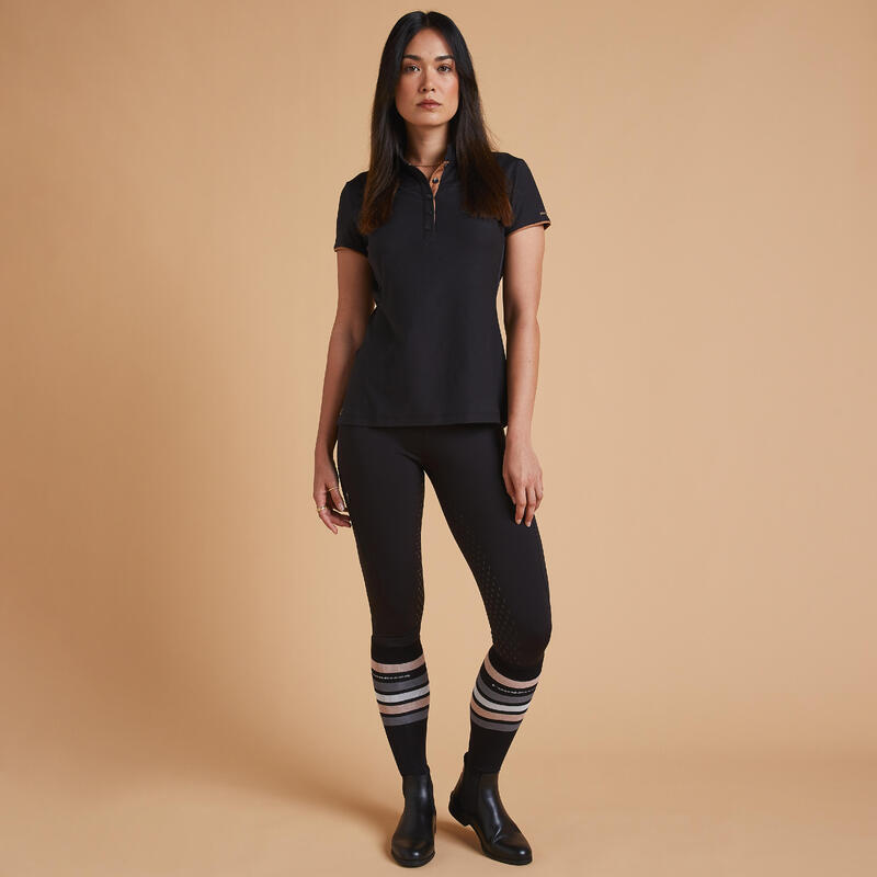 Reit-Poloshirt 500 kurzarm Damen schwarz