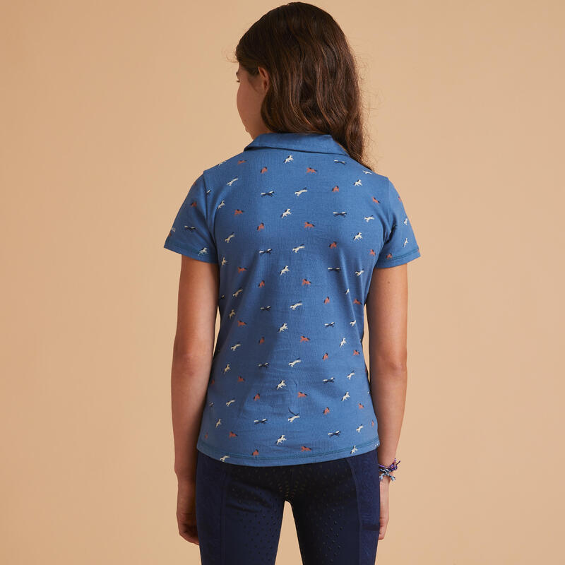 Tricou Polo 140 Echitaţie Mov/Albastru Fete