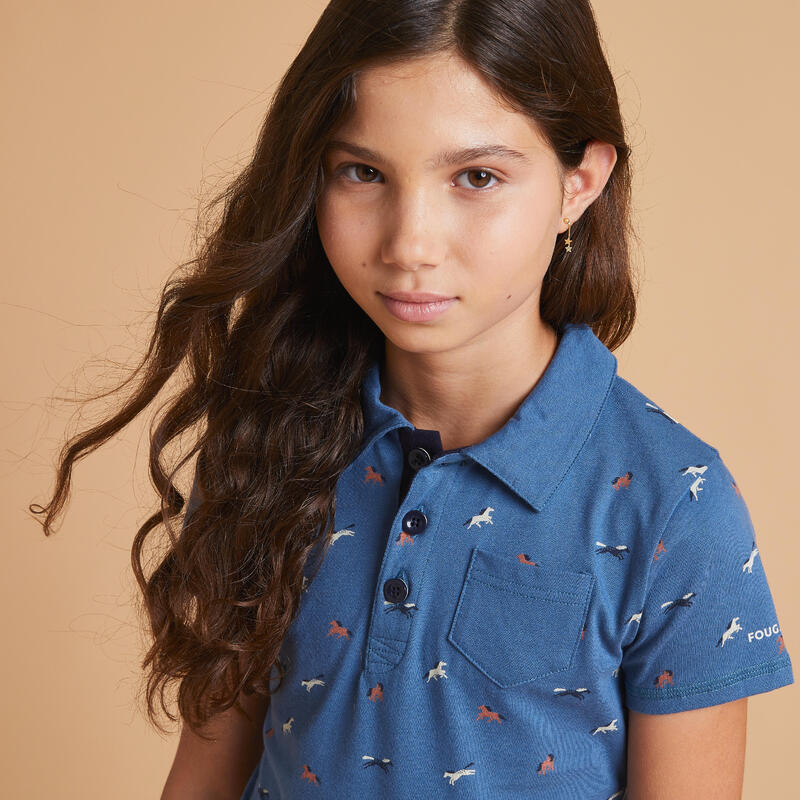 Tricou Polo 140 Echitaţie Mov/Albastru Fete