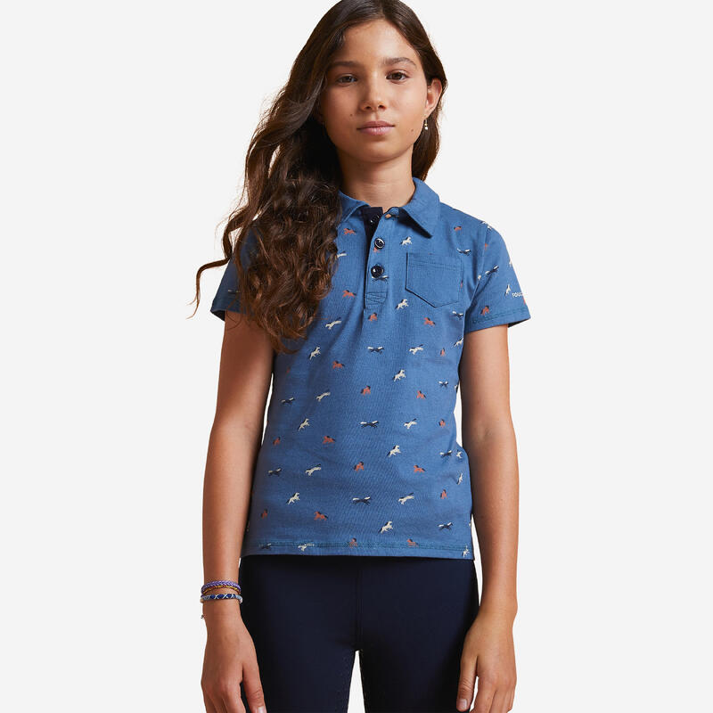 Poloshirt met korte mouwen voor ruitersport meisjes 140 blauw