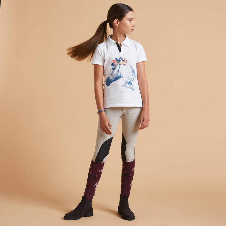 Kids' Short-Sleeved Horse Riding Polo Shirt 100 - White