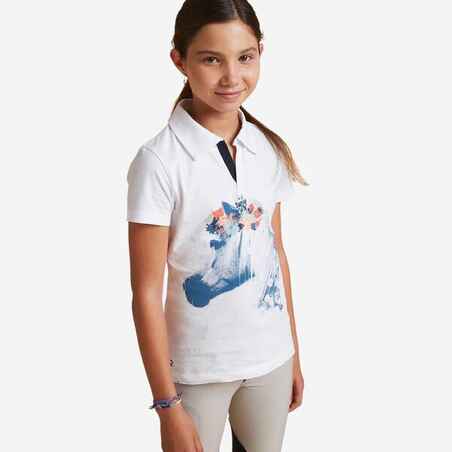 Playera polo de equitación de manga corta blanca para niños 100